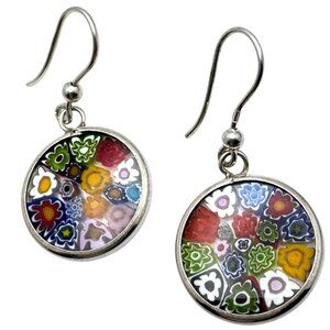 Murano Glass Millefiori Dangle Earrings Multicolor 925 Sterling Silver Hook